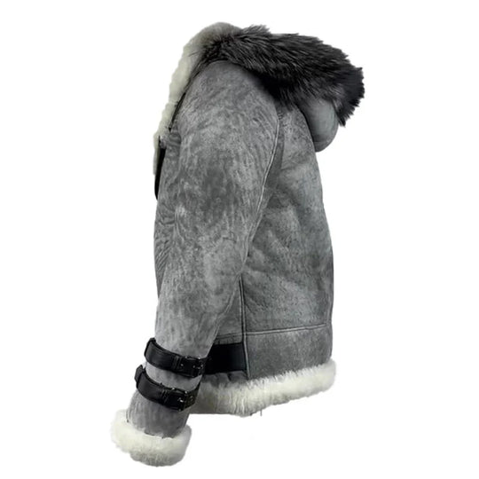 Side view of the Rocco vintage distressed grey aviator bomber jacket, featuring a thick grey shearling collar.