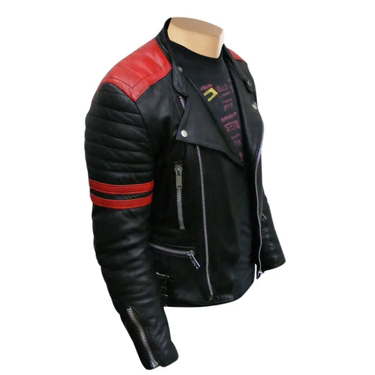 Side angle of Rodger's color-block leather biker jacke