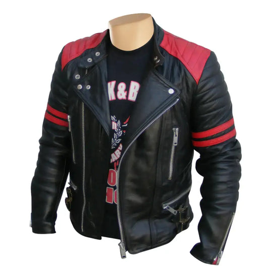 Rodger's red and black leather biker jacket shown from the front