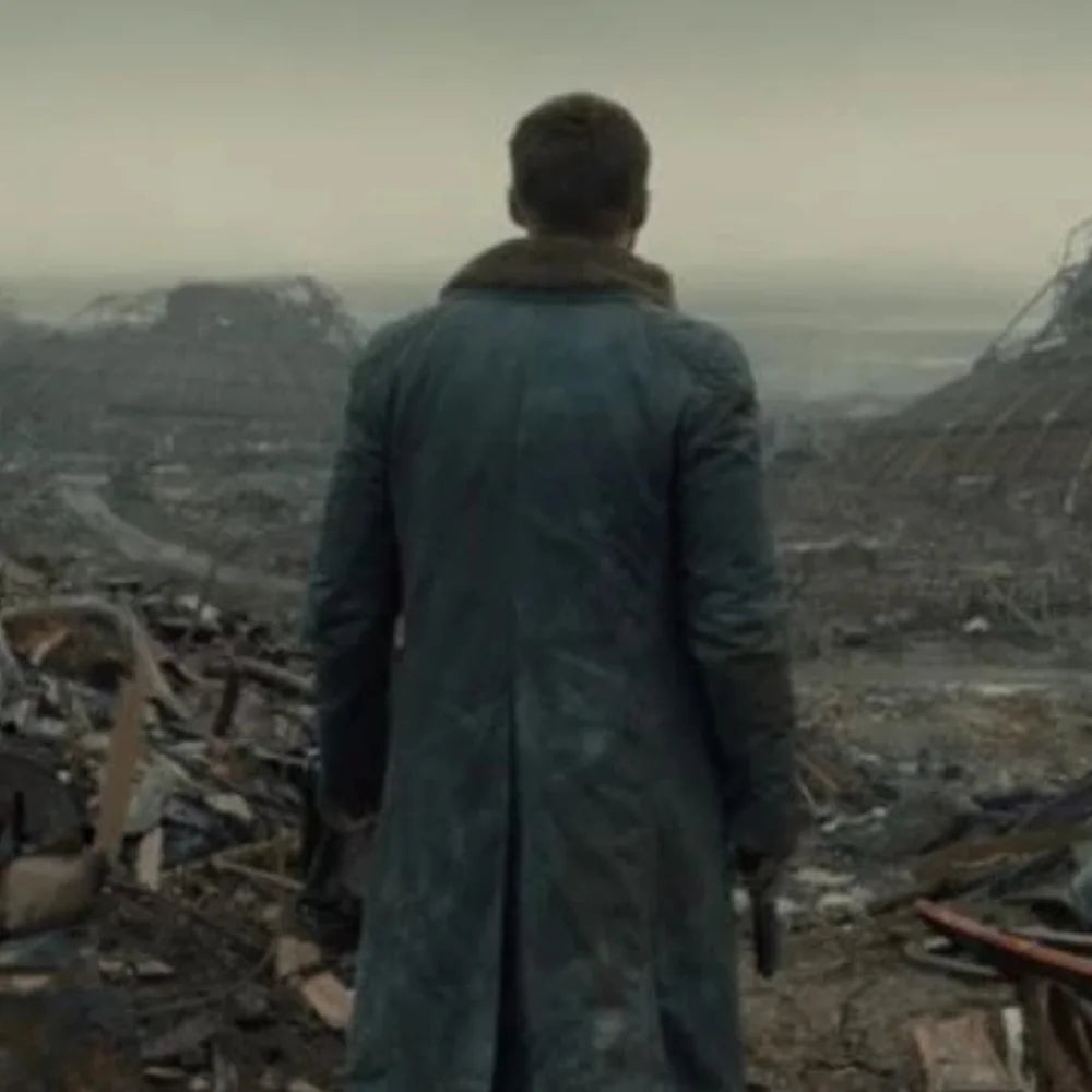 Model wearing Ryan Gosling Blade Runner 2049 Trench Coat back view long coat