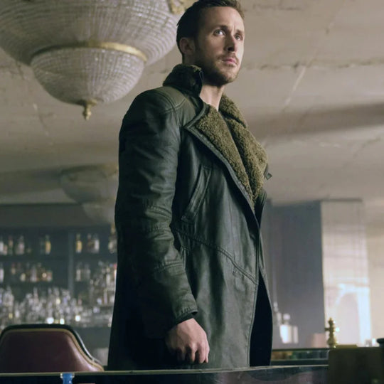 Model wearing Ryan Gosling Blade Runner 2049 Trench Coat long coat outfit