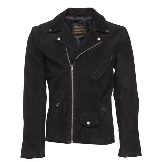 Front view of Silva's Black Suede Leather Biker Jacket with classic asymmetrical zipper