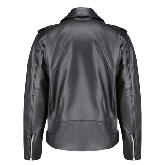 Rear view of the Slim Fit Belted Leather Biker Jacket highlighting the tailored fit across the shoulders and the clean, streamlined back panel.