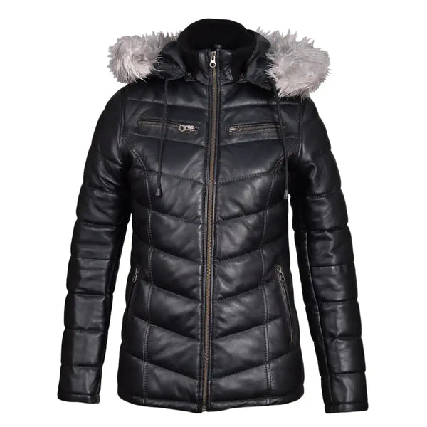 Snow’s Hooded Winter Leather Puffer Jacket