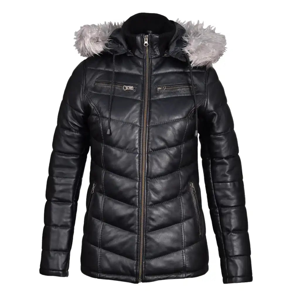 Full front view of Snow’s hooded winter leather puffer jacket, featuring deep horizontal quilting and an insulated, high-neck leather hood.