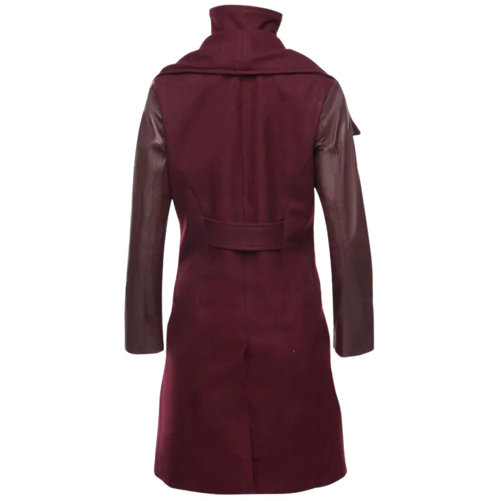 The back view of Sophie's 3/4 length burgundy wool blend coat, displaying a clean, minimalist tailored design with a single central vent at the hem.