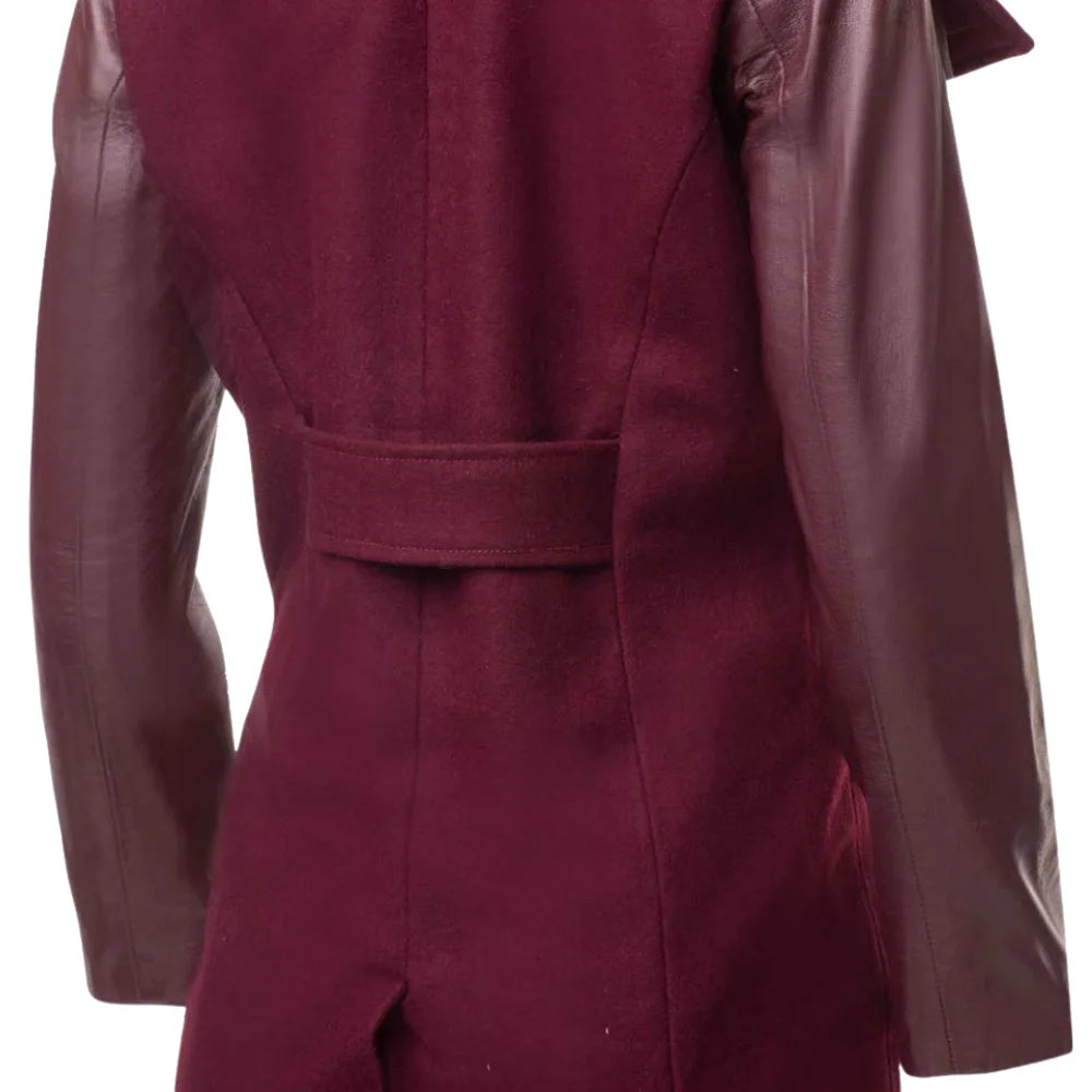 Back view of Sophie's 3/4 length maroon wool blend coat for women, showing a clean tailored silhouette with a central seam and a single walking vent at the hem.
