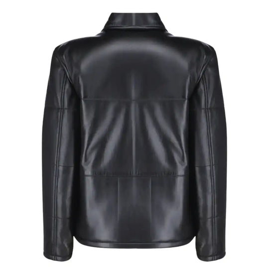 Back view of the Sorine leather puffer showing the contoured horizontal quilting that creates a flattering, feminine silhouette.