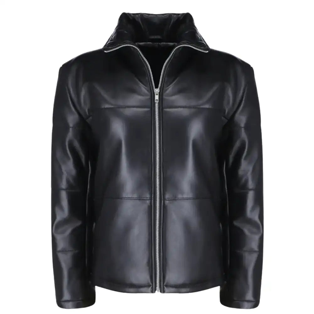 Front view of the Sorine women’s black leather puffer jacket, featuring a slim-fit quilted design and a high stand-up collar.