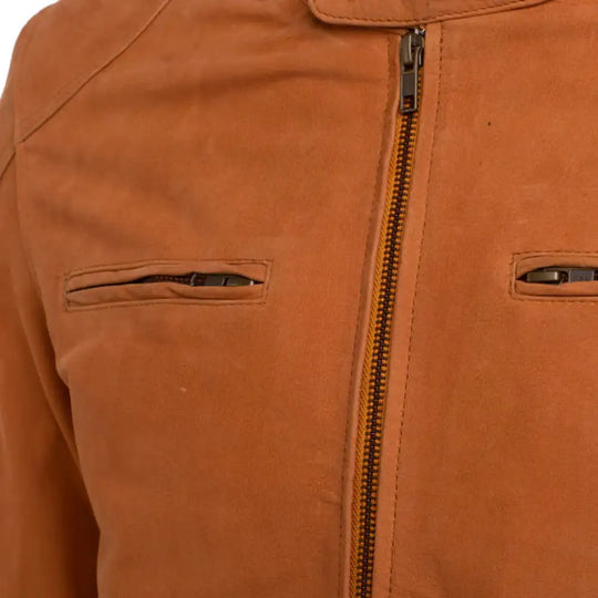 Close-up of Steve's Nubuck Plain leather moto jacket with a zipper and two pockets.