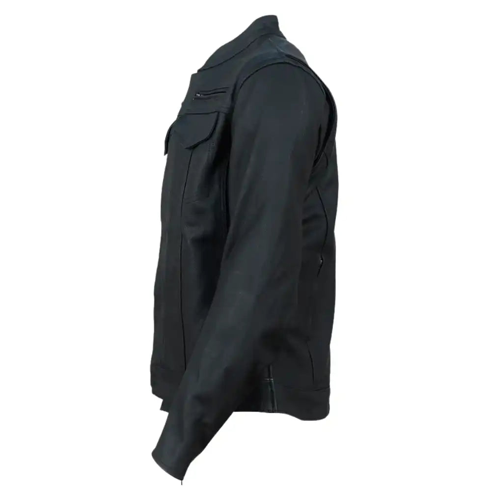 Detailed side shot of the antique-finished metal shank buttons and the hidden interior zipper for added wind protection and secure closure.