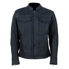 Front view of the Storm Rider leather trucker jacket in matte black, featuring a classic button-down front, dual chest pockets, and a structured collar.