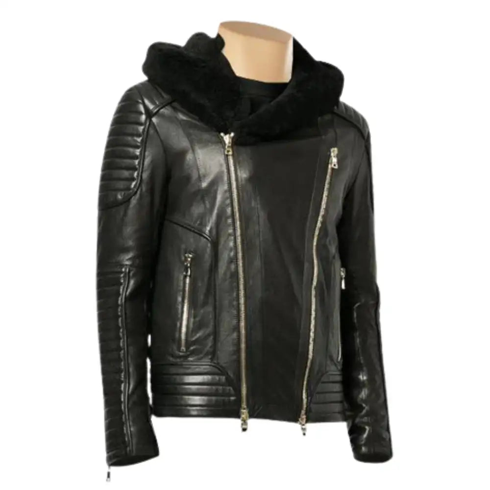 Close stitching and pocket detail on Sundown Fur Hooded Leather Biker Jacket