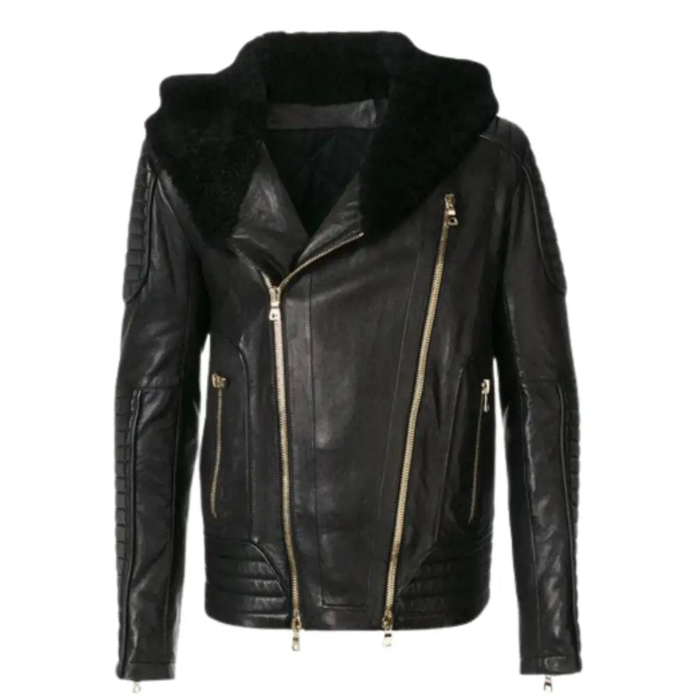 Front view of Sundown Fur Hooded Leather Biker Jacket with zip closure