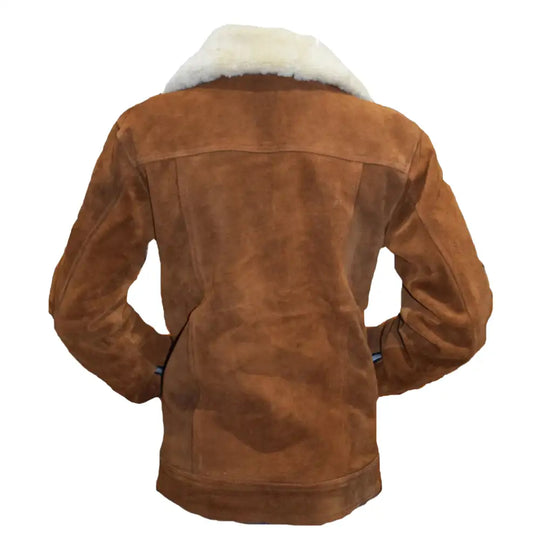 Rear view of Tan suede bomber jacket with white fur collar on a mannequin against a white background