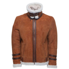 Close-up of the texture of Hagan's Tan Suede Leather Aviator Bomber Jacket with cream sheepskin shearling. The high-quality suede material is soft and smooth, contrasted by the plush, fluffy shearling lining that provides warmth and style.