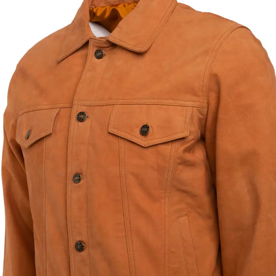 Close-up of tan Brown suede trucker leather jacket with button details on a white background