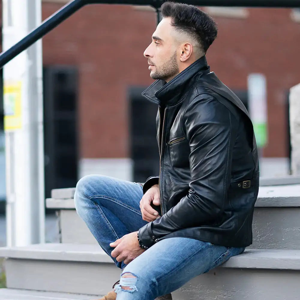 Model side view wearing The Classic Leather Jacket