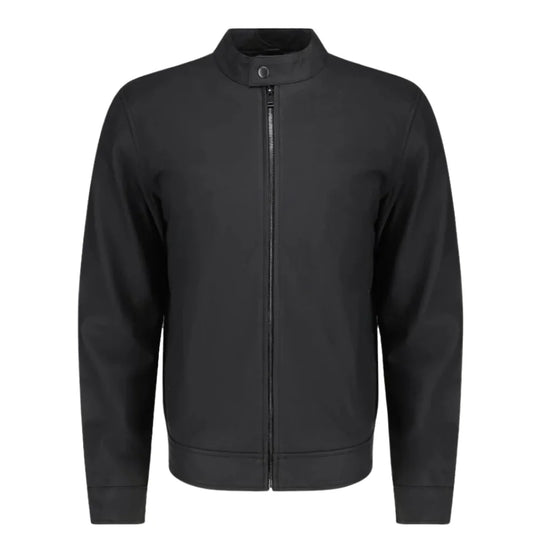 Tory Matte Black Cafe Racer Jacket front view matte black leather cafe racer jacket with minimalist design