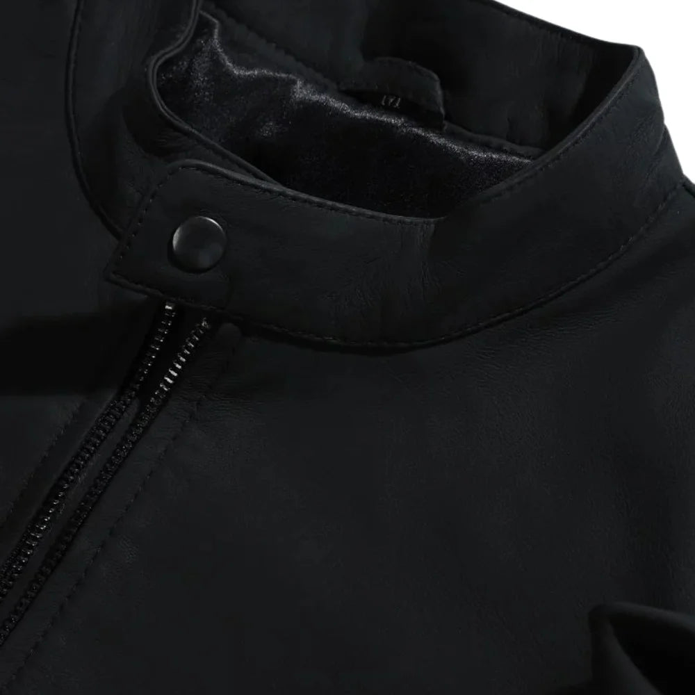 Tory Matte Black Cafe Racer Jacket front panel leather detail minimalist design