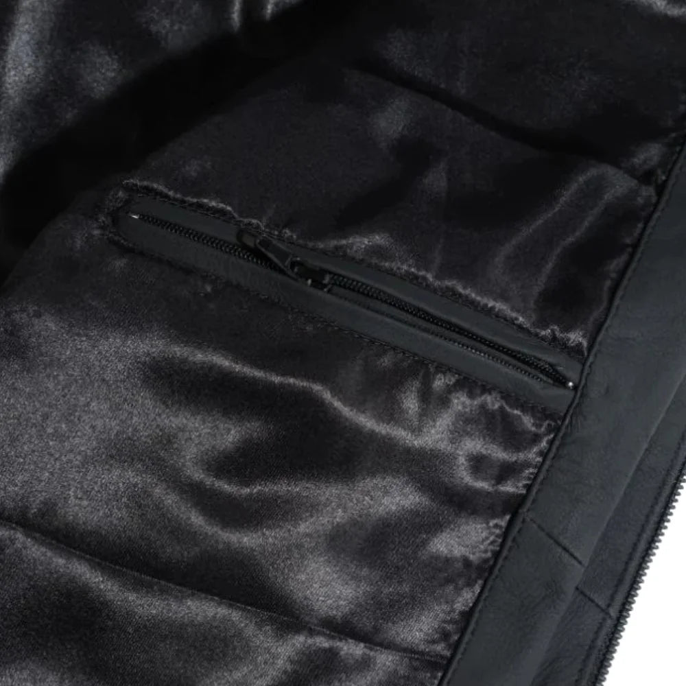 Tory Matte Black Cafe Racer Jacket close up black leather texture detail