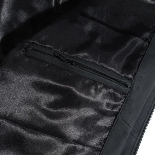 Tory Matte Black Cafe Racer Jacket close up black leather texture detail
