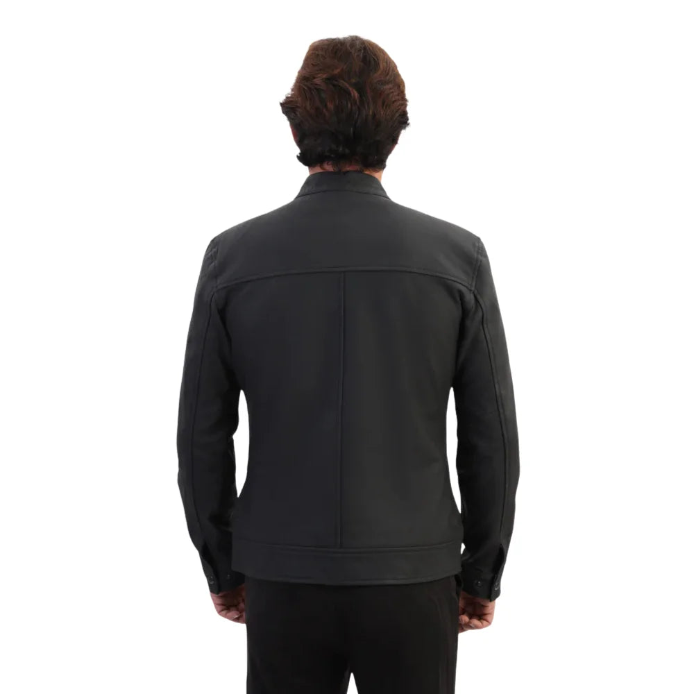 Model wearing Tory Matte Black Cafe Racer Jacket back view black leather jacket