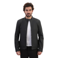 Model wearing Tory Matte Black Cafe Racer Jacket black leather racer jacket outfit