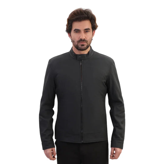 Model styling Tory Matte Black Cafe Racer Jacket minimalist leather jacket look