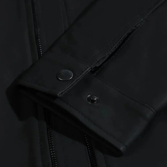 Tory Matte Black Cafe Racer Jacket close up sleeve leather texture