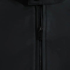 Tory Matte Black Cafe Racer Jacket close up zipper on leather racer jacket