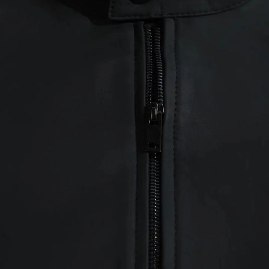 Tory Matte Black Cafe Racer Jacket close up zipper on leather racer jacket