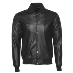 Victor Black Varsity Leather Jacket front view black varsity leather jacket