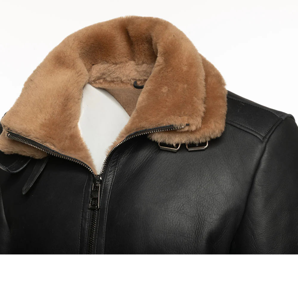 Front detailed view of Black aviator jacket with brown fur collar on a white background