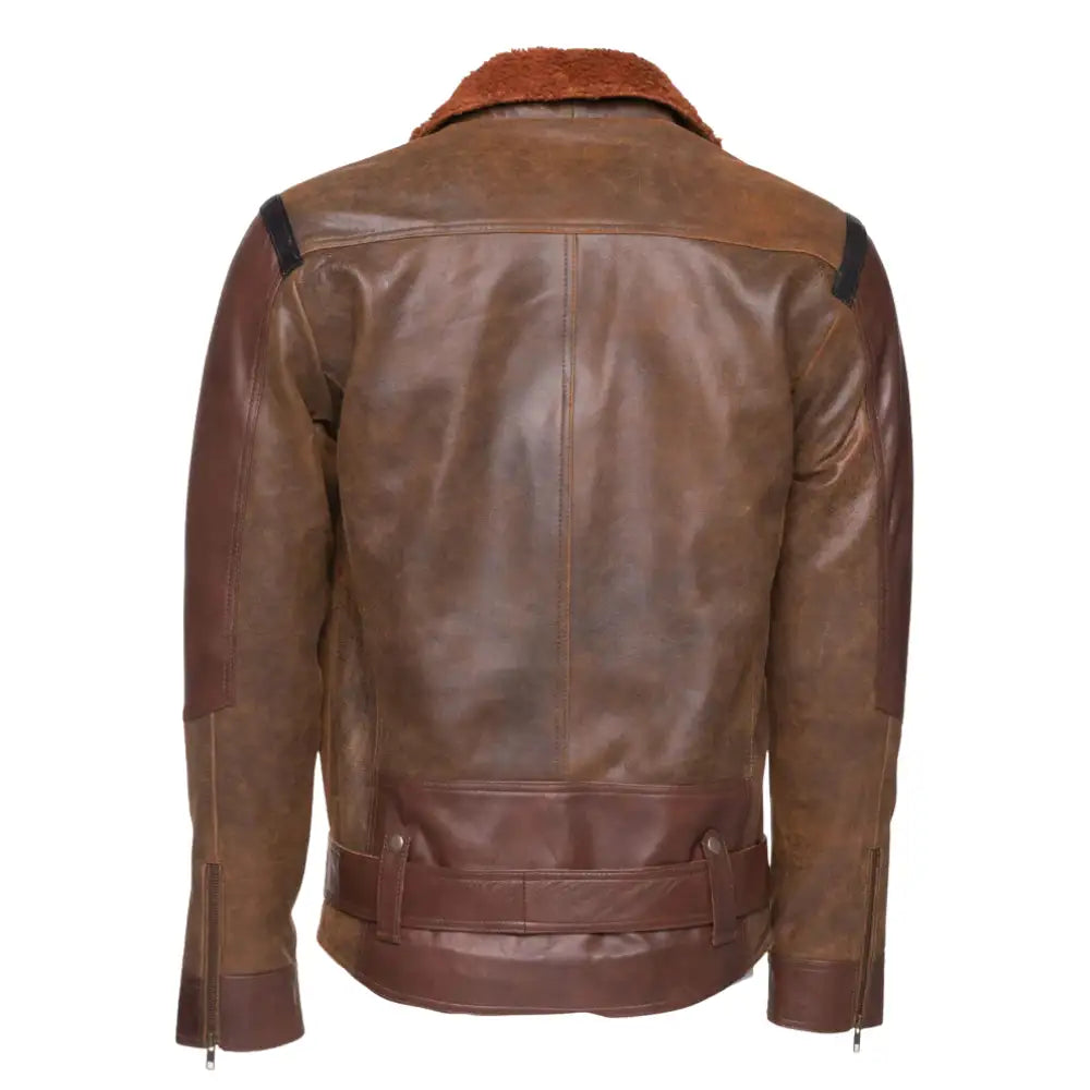 Back view of Vintage Brown Sherpa D-Pocket Leather Biker Jacket with clean panel detailing