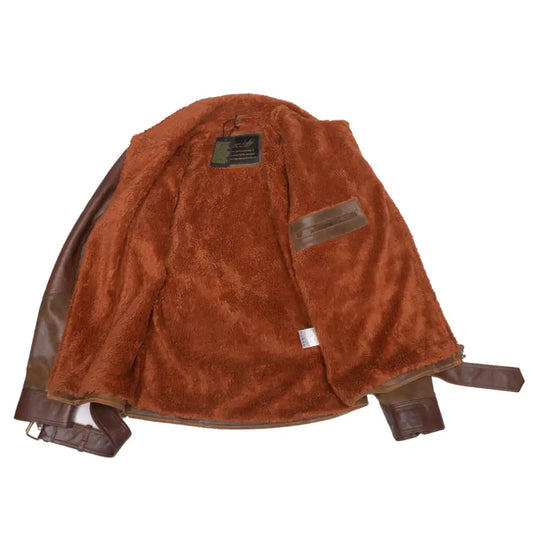 Interior view of Vintage Brown Sherpa D-Pocket Leather Biker Jacket showing soft sherpa lining