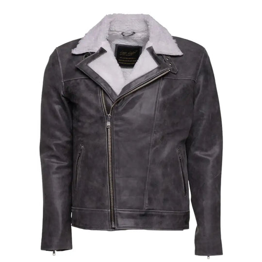 Front view of Vintage Grey Leather Biker Jacket with classic asymmetrical zipper