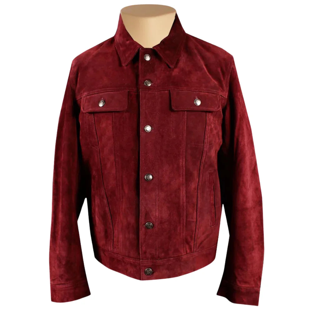 Front view of Weston's maroon suede leather shirt featuring a classic button-down front, point collar, and two chest flap pockets with button closures on a white background.