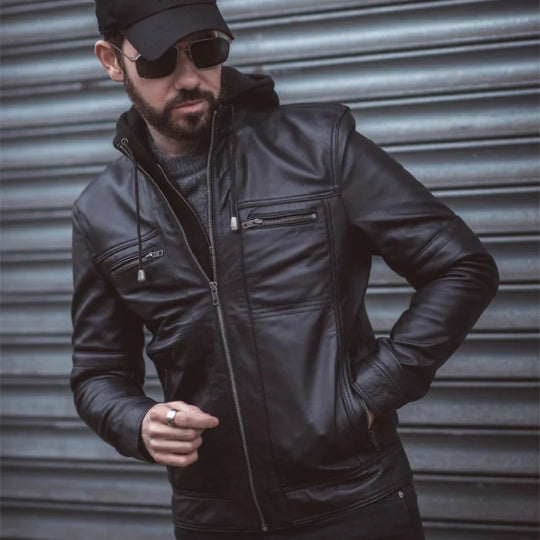 Model wearing Wilder Black Leather Jacket With Removable Hoodie front view