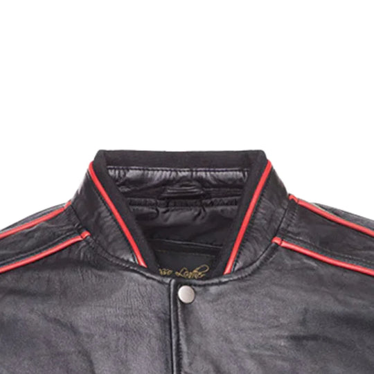 William Black Bomber Leather Jacket with Red Piping close up of red piping on black leather jacket