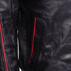 William Black Bomber Leather Jacket with Red Piping close up of pocket on leather bomber jacket