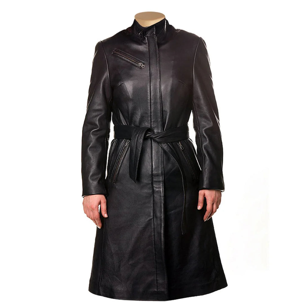 Front view of the Belinda women's 3/4 length leather trench coat on a mannequin, featuring a belted waist and classic lapels.