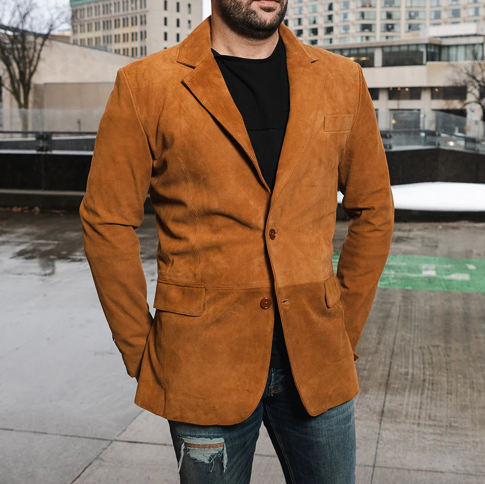 Detailed view of a Man wearing Wyatt tan suede leather blazer in an urban setting.
