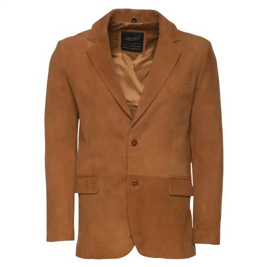 Front view of Wyatt tan suede leather blazer on a white background