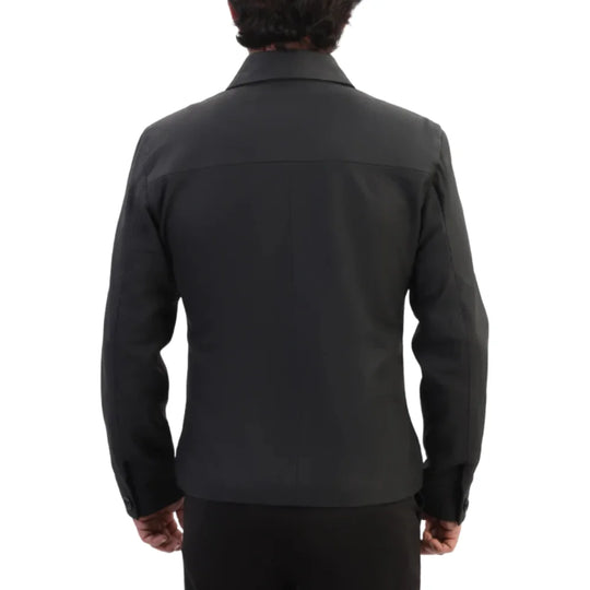 Model wearing Zane Matte Black Collared Leather Jacket back view black leather jacket