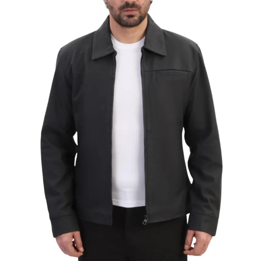 Model wearing Zane Matte Black Collared Leather Jacket black leather jacket outfit