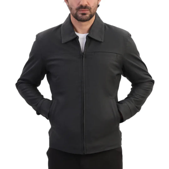 Model wearing Zane Matte Black Collared Leather Jacket matte black leather jacket