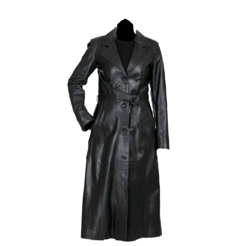 Front view of the Zoe black leather long coat featuring a button-down closure and a cinched belted waist.